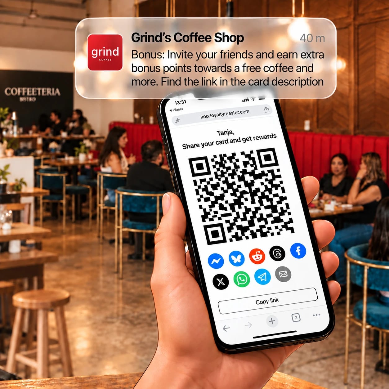 Phone showing a Grind Coffee referral QR code and sharing options in a cafe