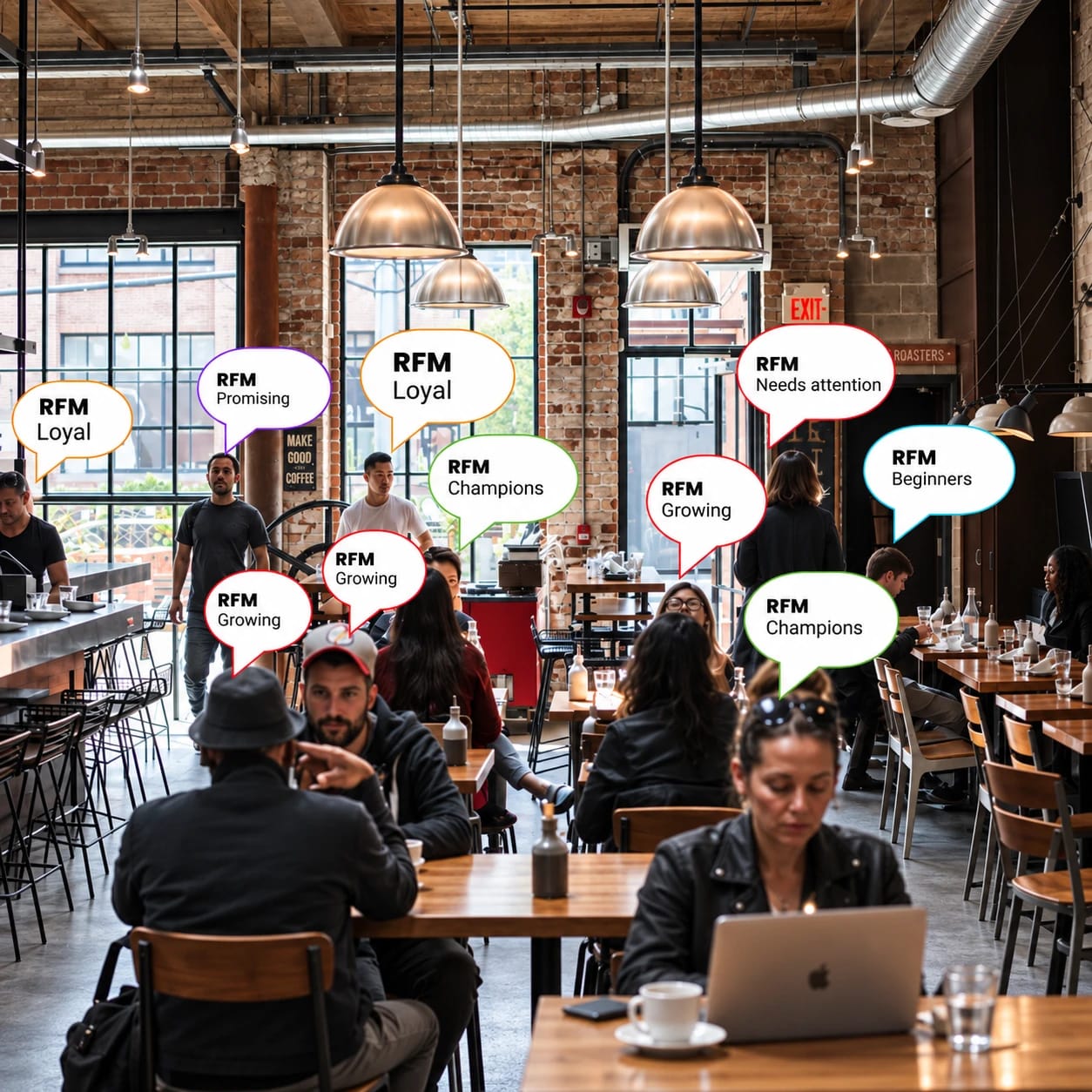 Cafe customers labelled with RFM segments including Loyal, Champions, Growing, and Needs attention