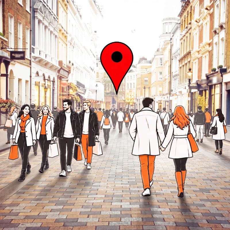 Shoppers filling a busy high street under a map pin dropped on the block