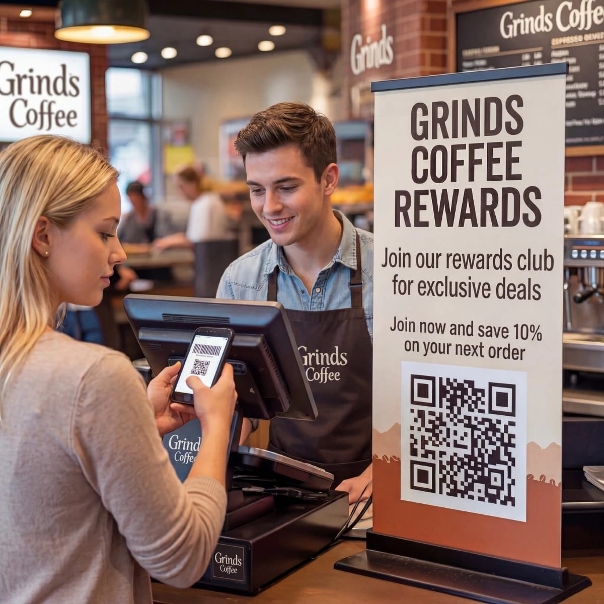 Woman joining a loyalty program by scanning a QR code at the counter