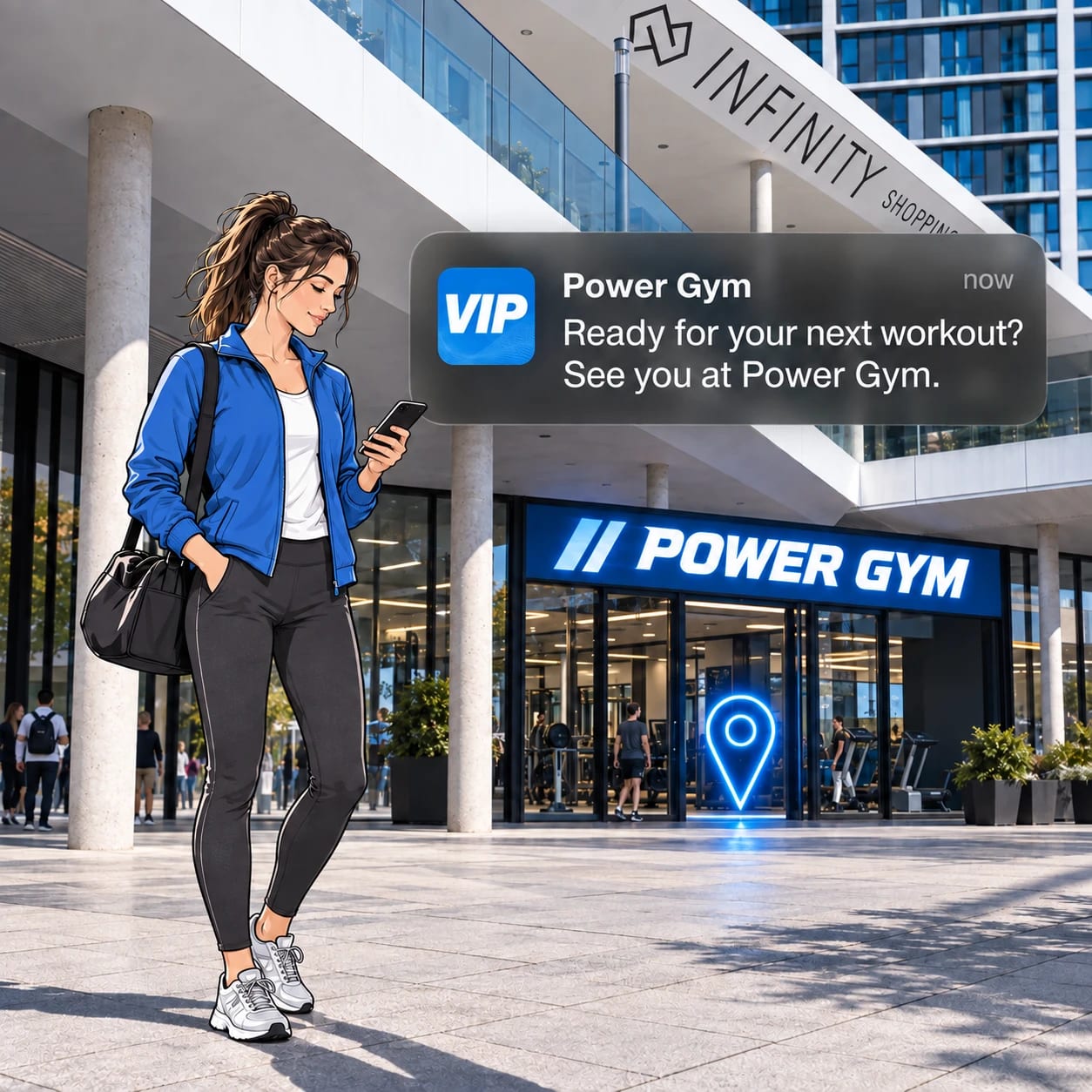 A woman outside Power Gym reading a "Ready for your next workout?" notification on her phone, with a location pin at the entrance