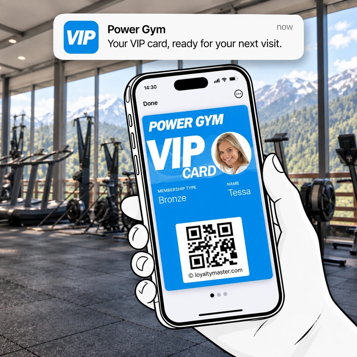 A hand holding a phone with a Power Gym VIP digital membership card and a welcome notification, in a gym