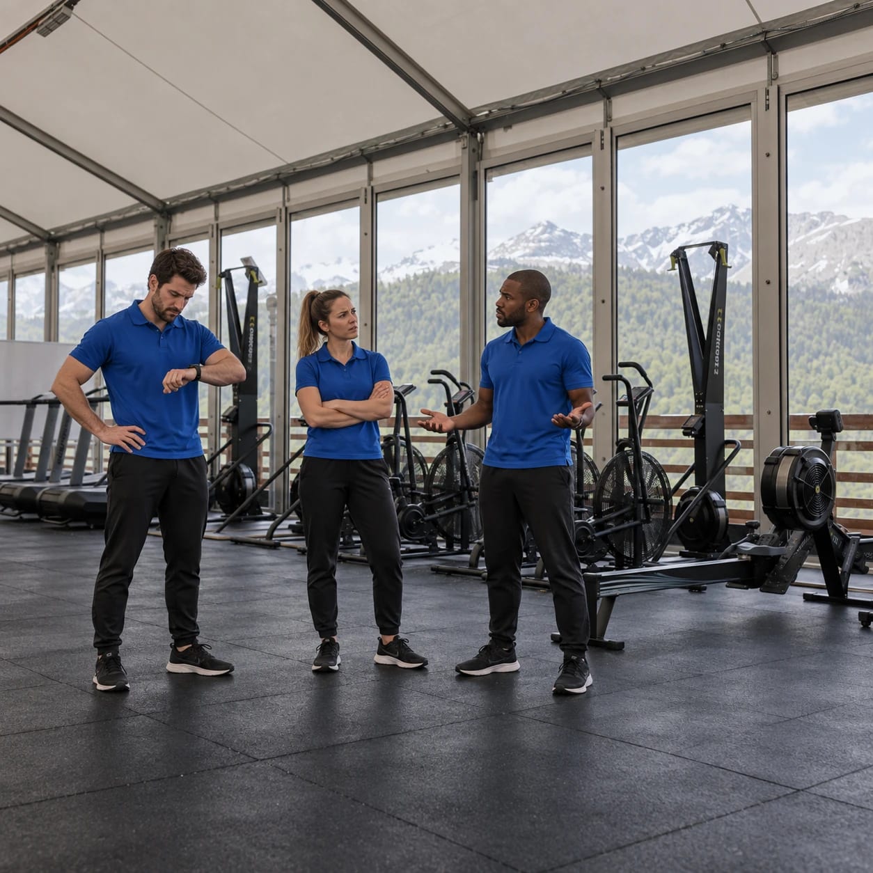 Three gym trainers standing in an empty gym, checking the time and wondering where their members are