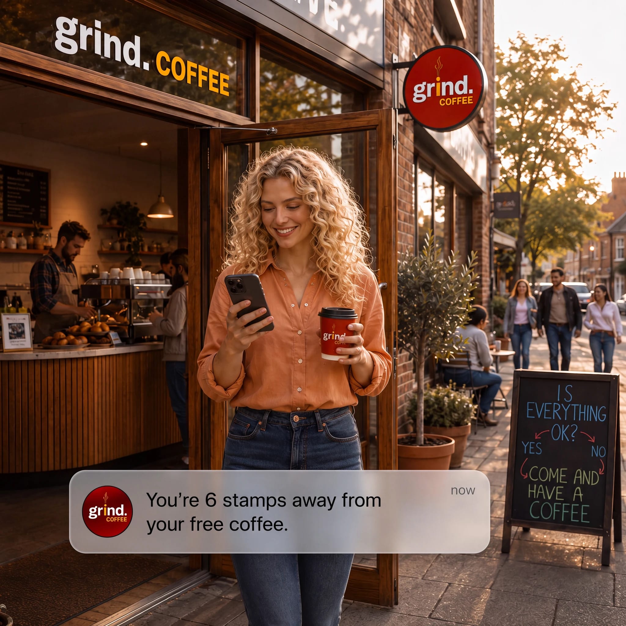 Customer leaving a coffee shop as a push notification tells her she is six stamps from a free coffee