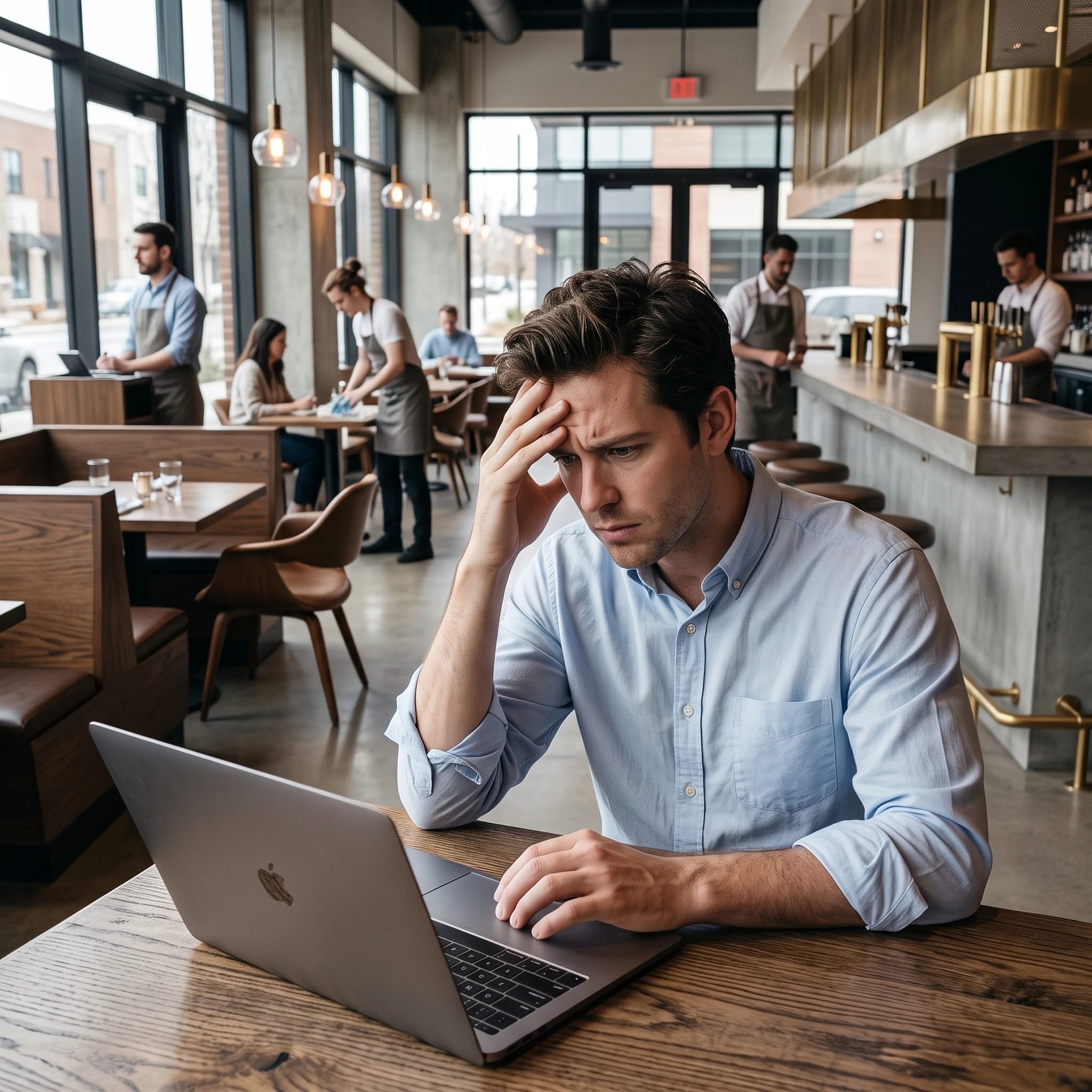 Shop owner looking worried at his laptop while his cafe stays quiet around him