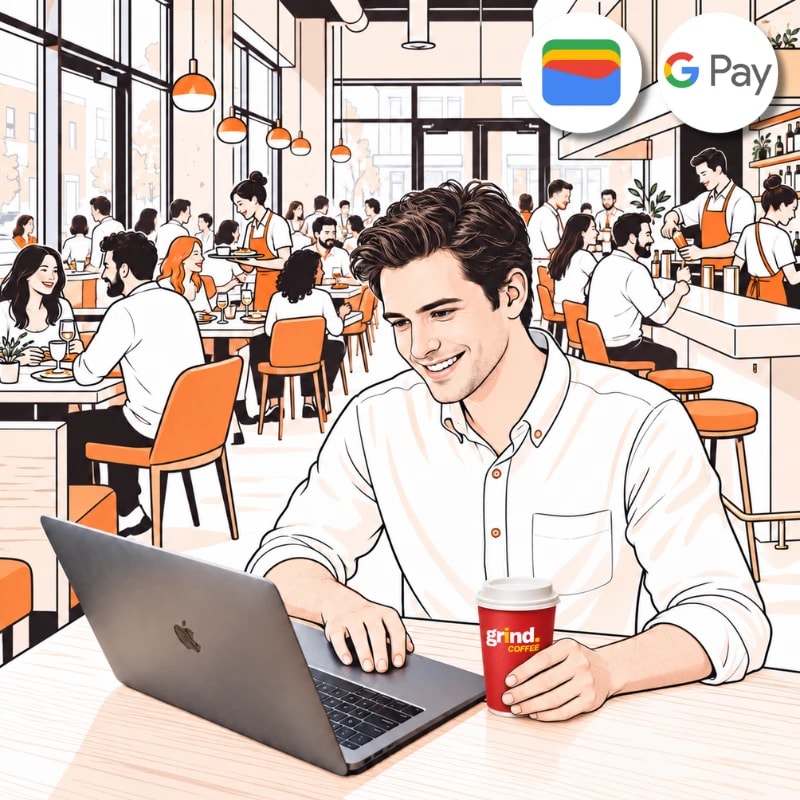 Cafe owner smiling at his laptop while his shop stays busy around him