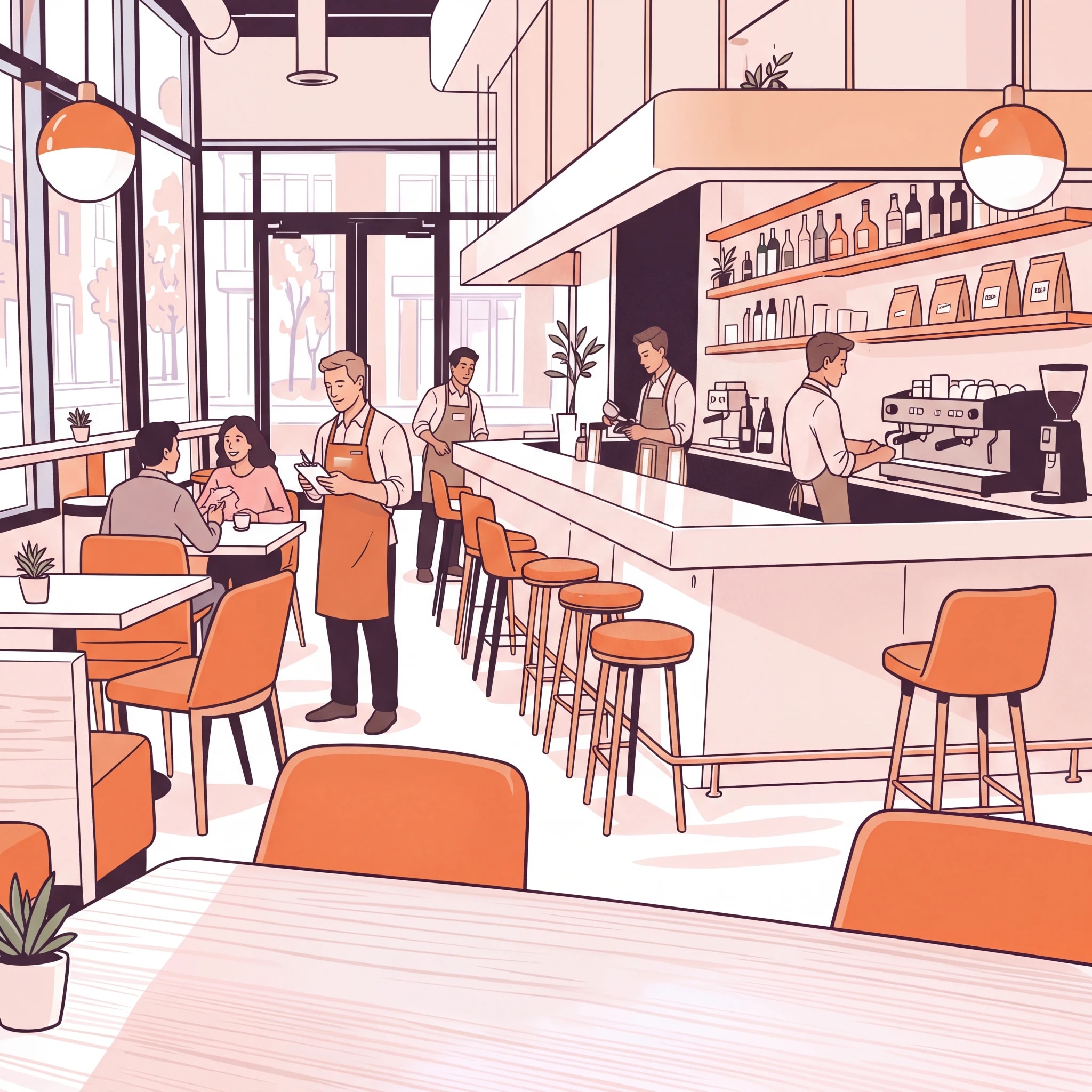 Quiet cafe with empty tables and bar stools while the staff wait for customers