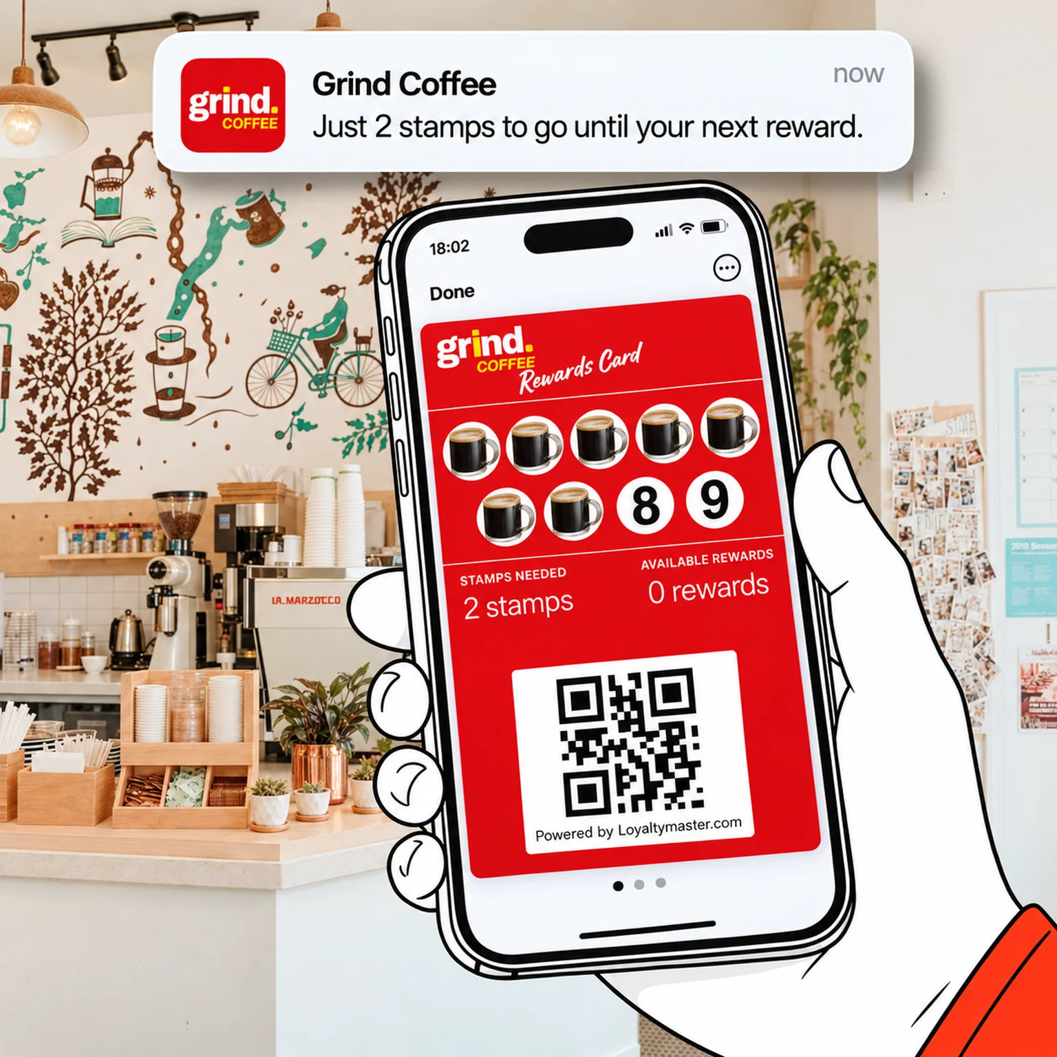 A customer's wallet stamp card in a café, with a push message saying there are just 2 stamps to go until the next reward
