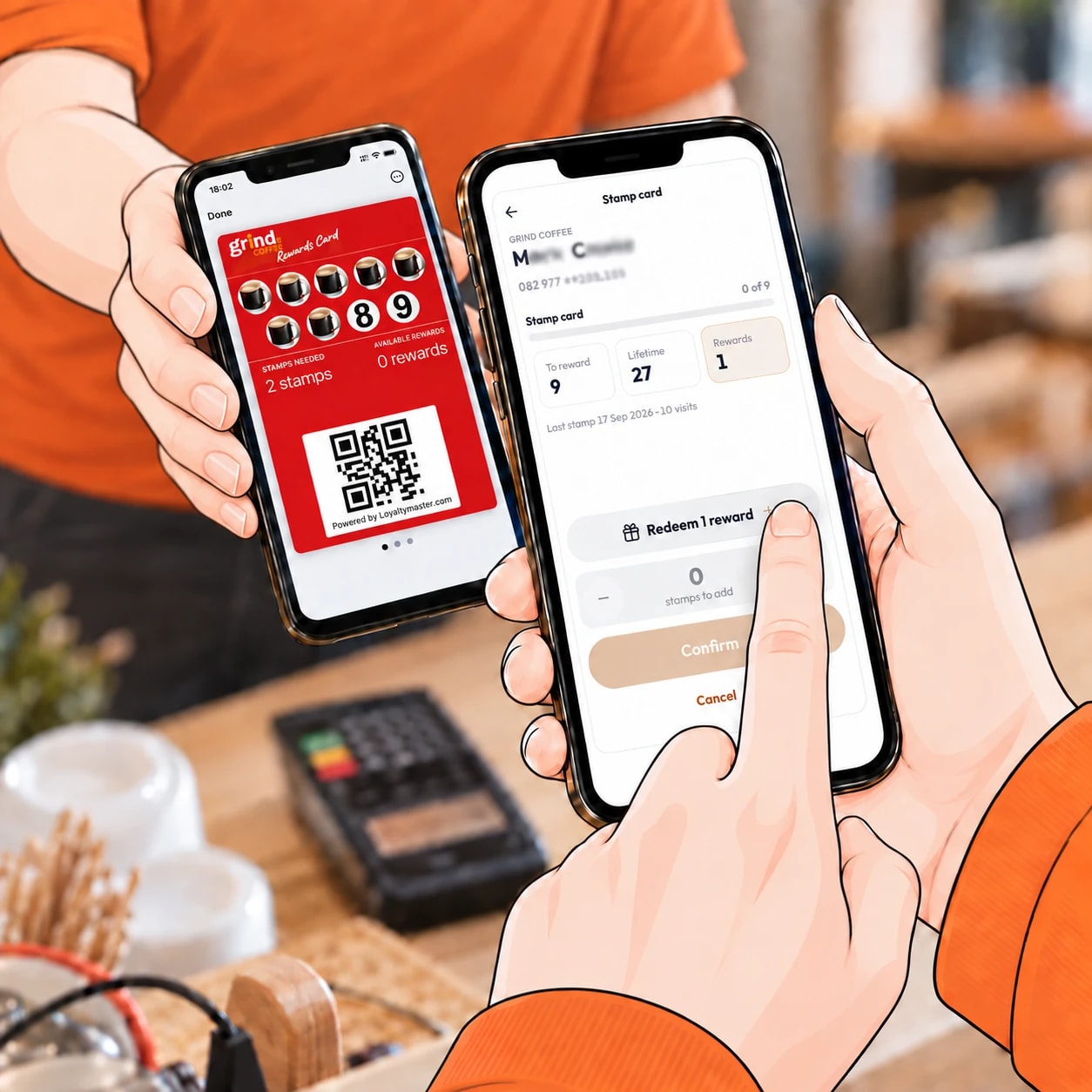A staff member tapping Redeem 1 reward on the scanner while the customer holds up their wallet card