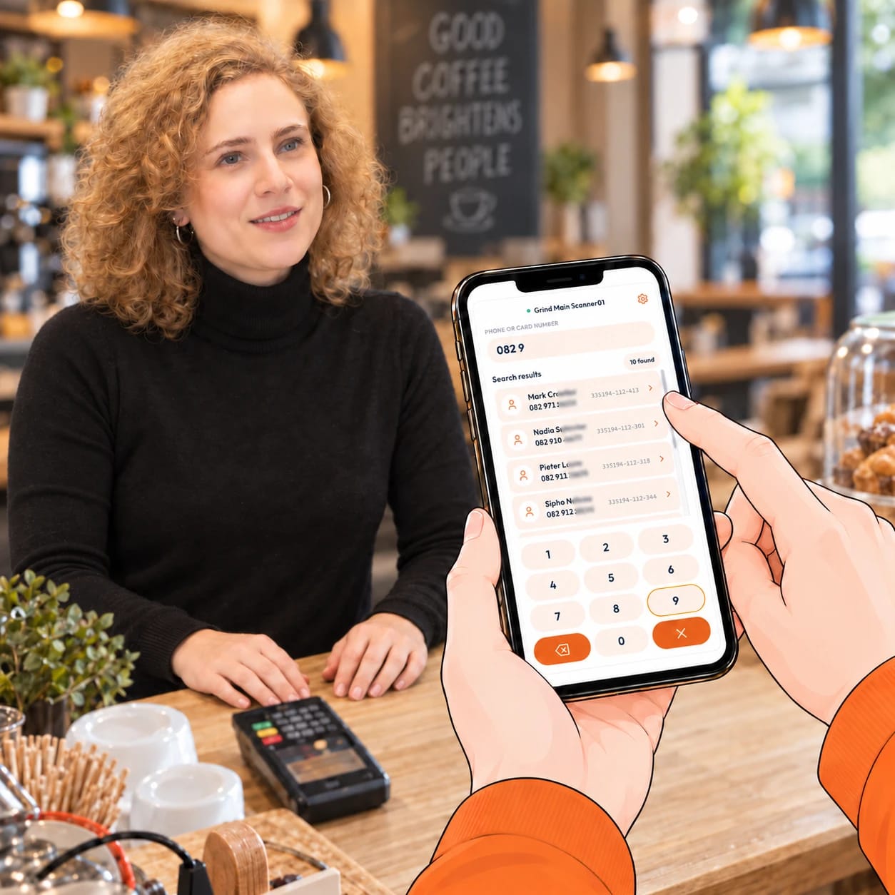 A customer without her phone gives her number while staff type 082 9 on the Counter Terminal and a list of matching customers appears
