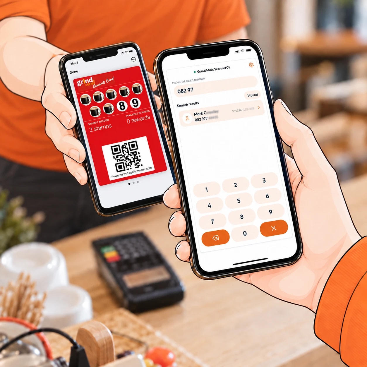 Staff type a few digits of a customer's phone number on the Counter Terminal and one matching card appears