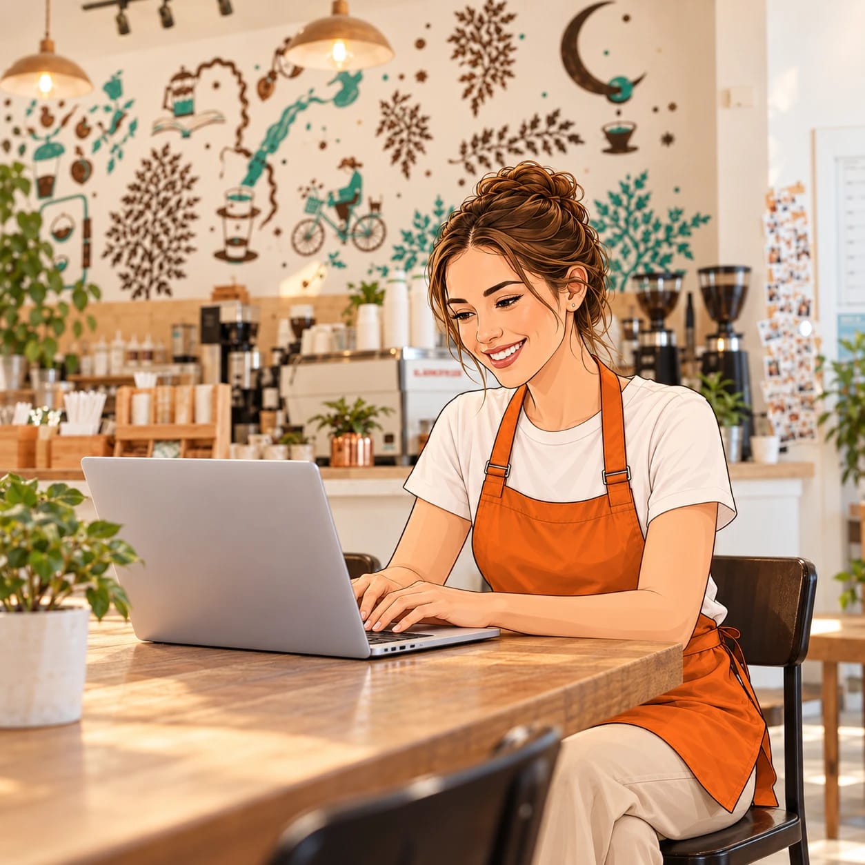 A café owner at a table in her shop, adding stamps to a customer's card on a laptop