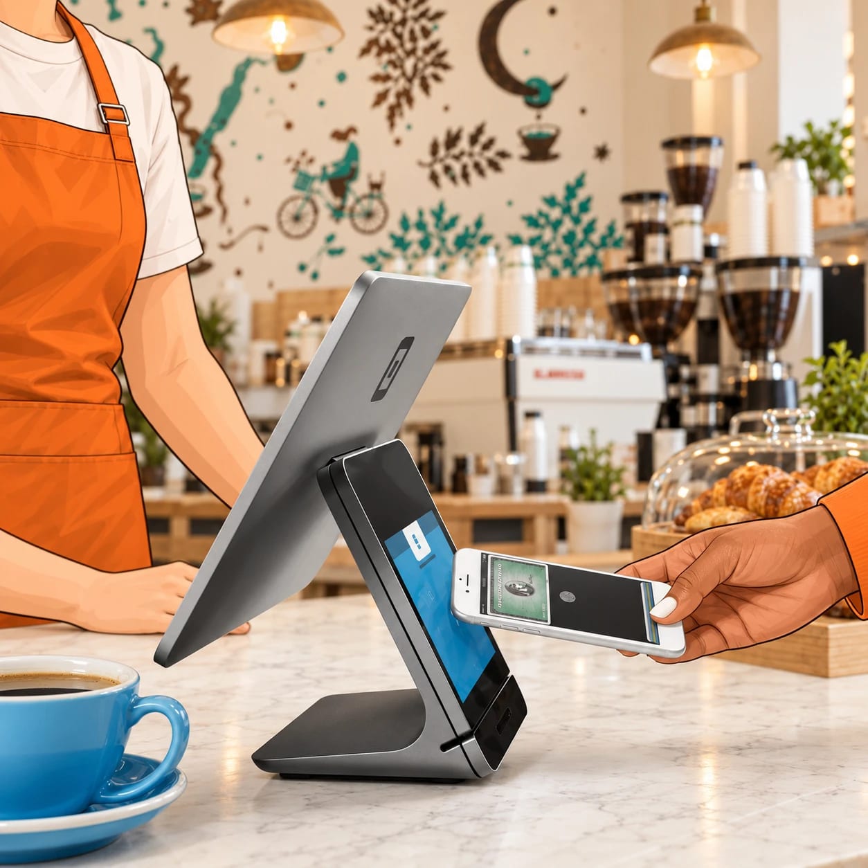 A customer taps their phone on a countertop till while the barista rings up the sale