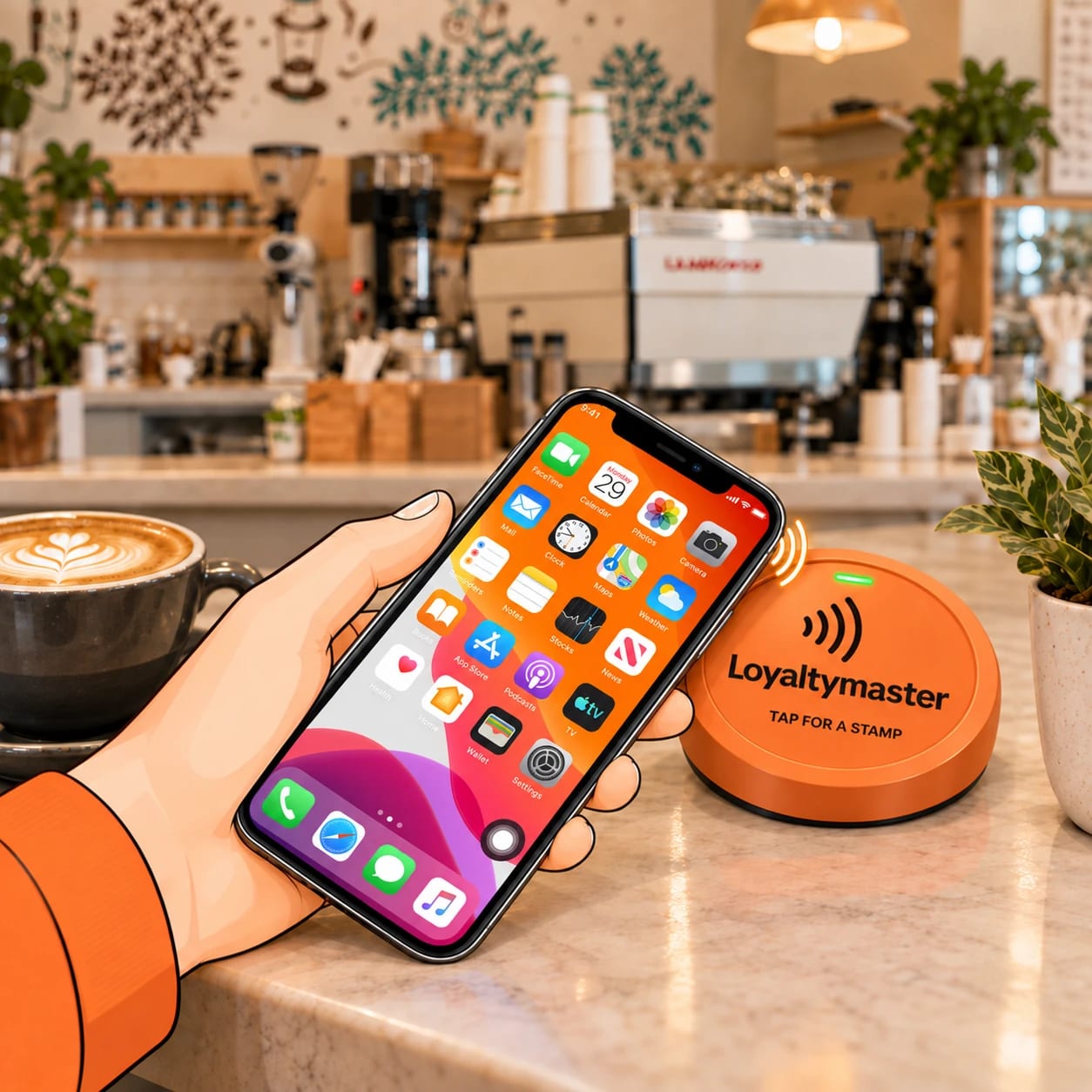 A customer holds a phone to an orange Loyaltymaster tap-for-a-stamp device on a café counter