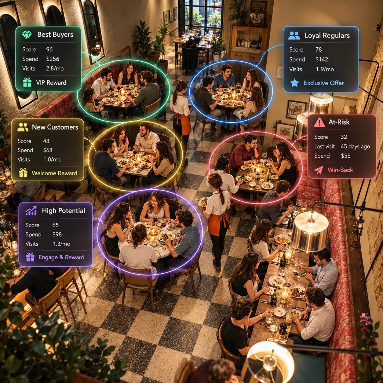 Top-down view of a busy restaurant with diners grouped into Best Buyers, Loyal Regulars, New Customers, At-Risk and High Potential segments. Coloured rings connect each group to an illustrative panel showing customer activity and reward or win-back actions.