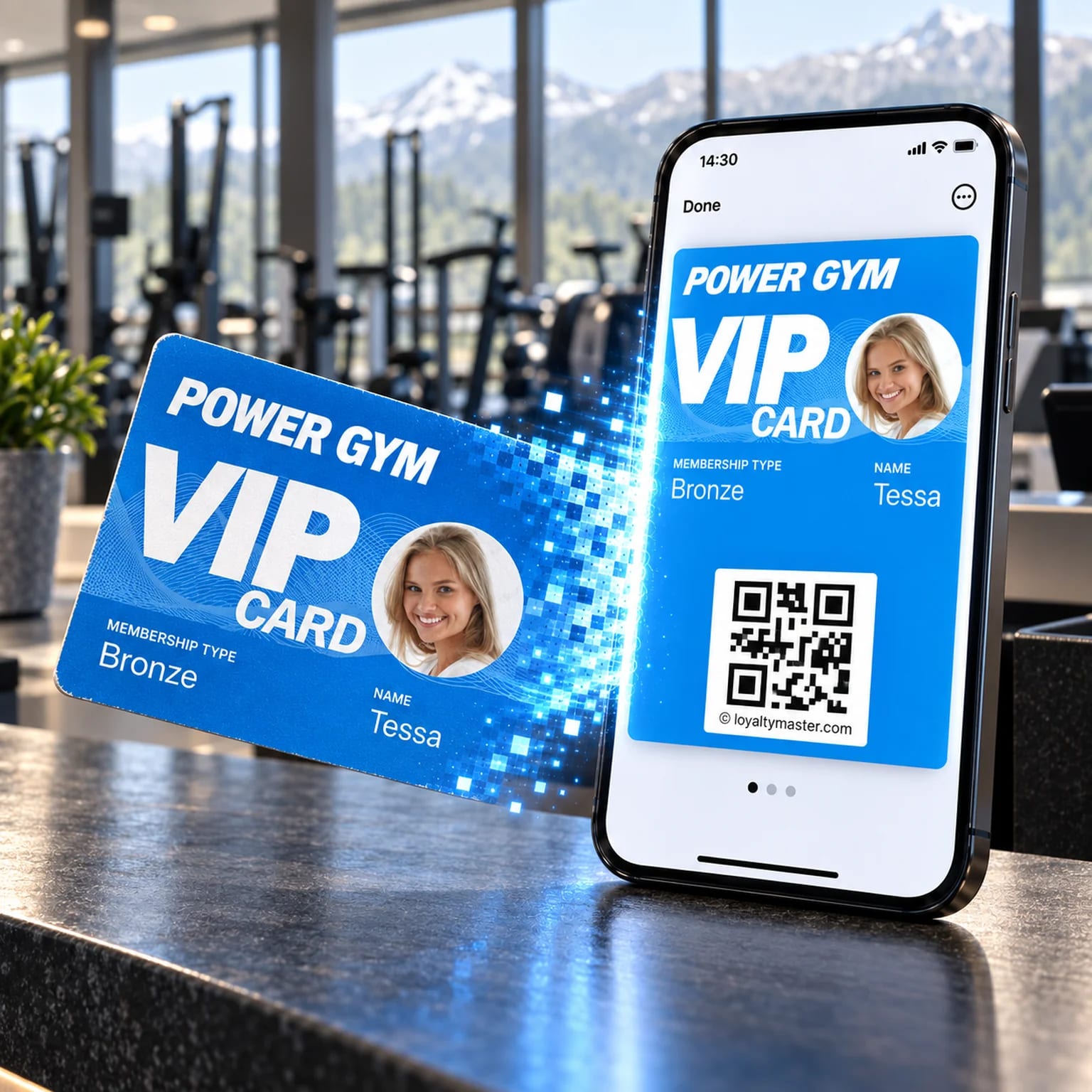 A plastic Power Gym VIP membership card turning into a digital membership card on a phone, on a gym counter