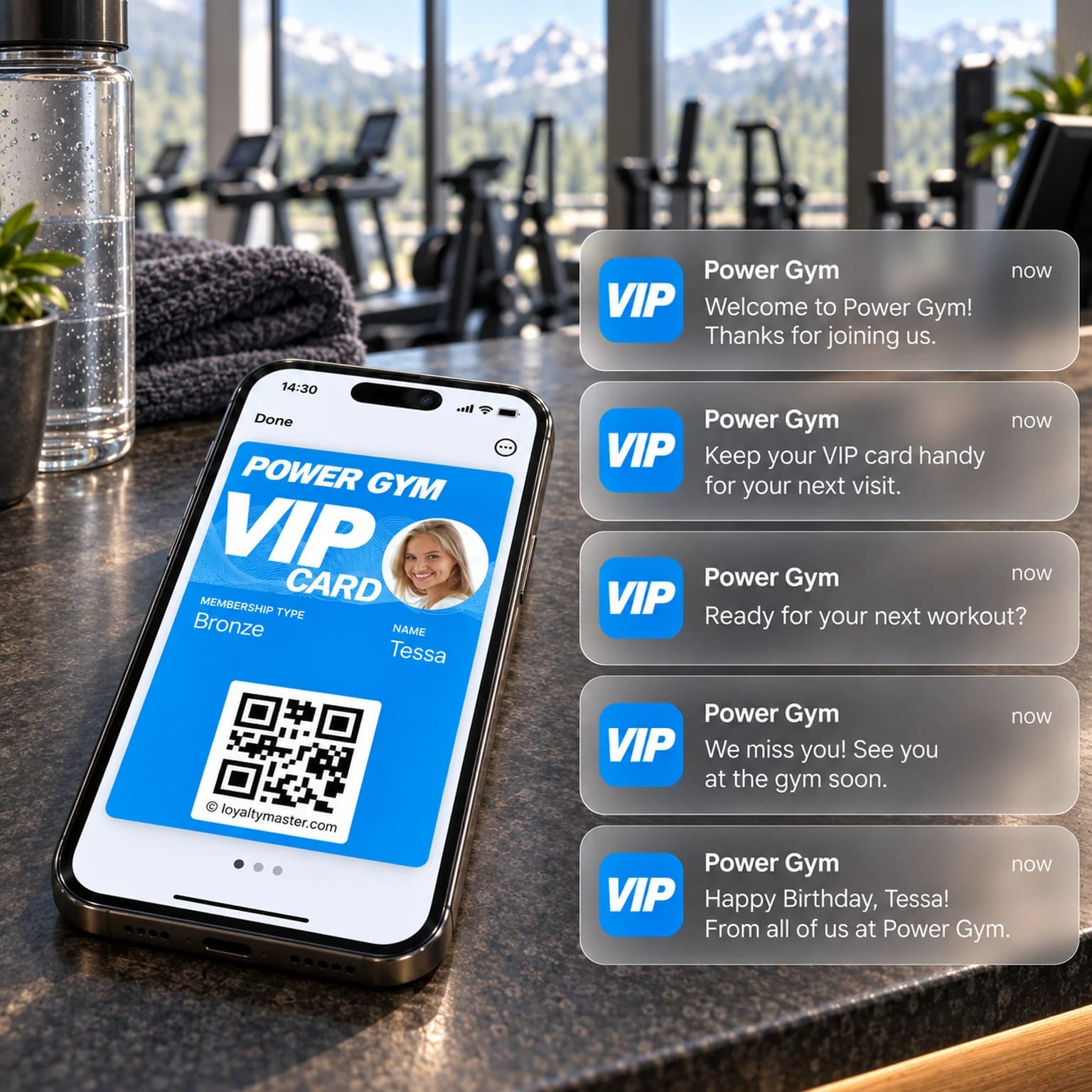A phone showing a Power Gym VIP membership card with welcome, reminder and birthday notifications stacked beside it