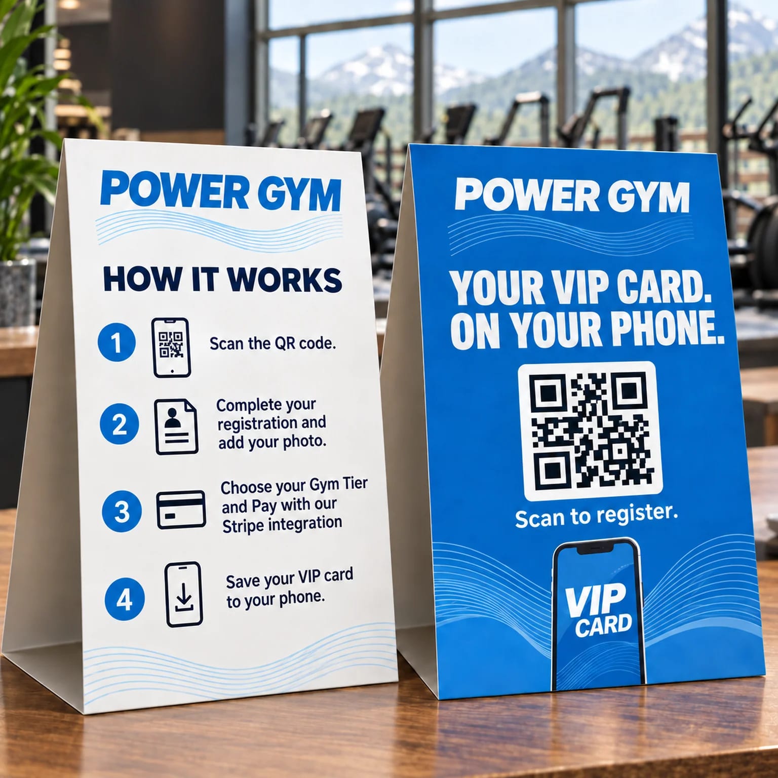 Power Gym example counter signs explaining QR signup, registration, membership payment and saving a VIP card to a phone