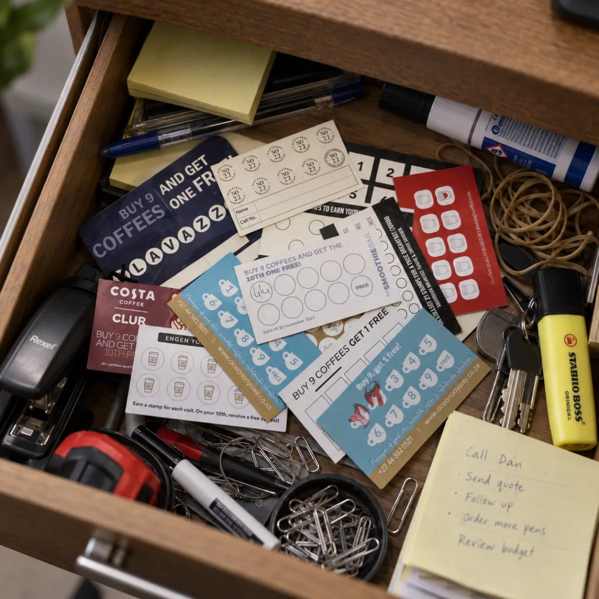 Paper loyalty cards from half a dozen different shops forgotten in a cluttered desk drawer