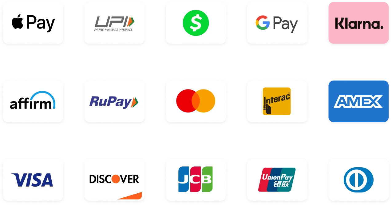 Payment methods accepted by Loyaltymaster, including Visa, Mastercard, Amex, Apple Pay, Google Pay and Klarna