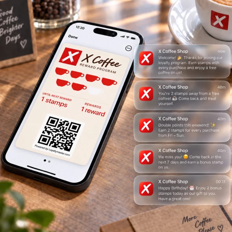 Coffee shop's branded reward card open in a phone wallet beside a stack of push messages on the lock screen