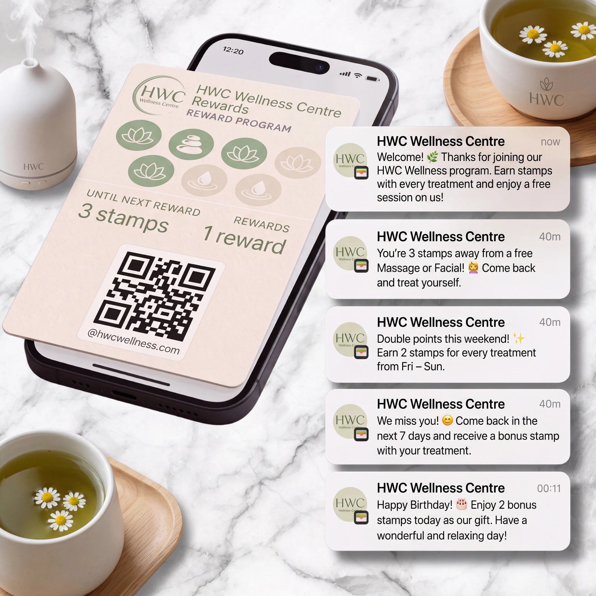 Wellness centre reward card in a phone wallet beside a series of automated push messages