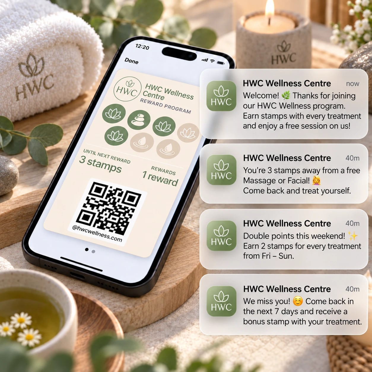 Wellness centre stamp card in a phone wallet on a spa tray, beside four automated push messages