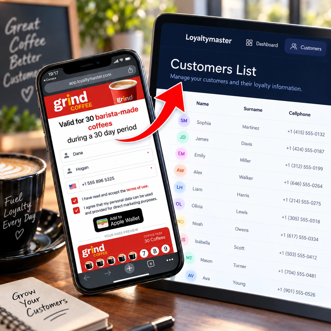 Coffee loyalty card signup on a phone linked to a customer list in the Loyaltymaster dashboard