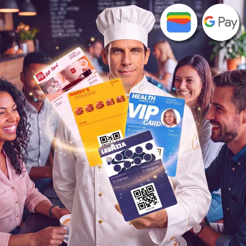 Chef and diners in a restaurant with a selection of digital gift, stamp, and membership cards