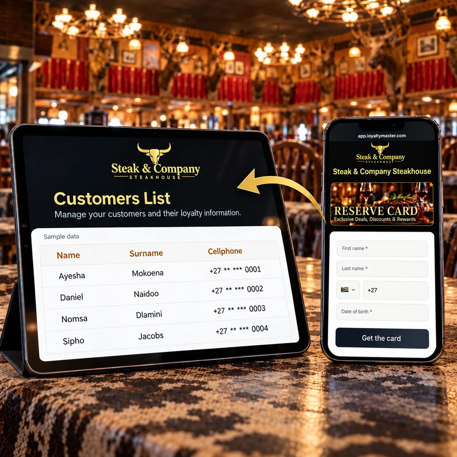 Steak & Company customer list on a tablet beside a Reserve Card registration form on a phone