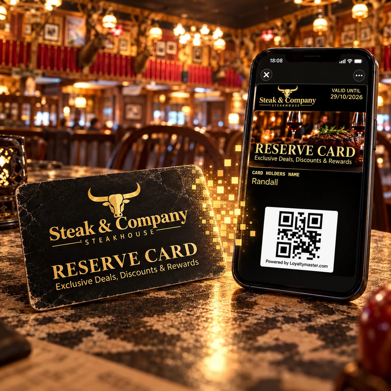 Steak & Company Reserve Card beside its digital wallet version on a phone in a warmly lit steakhouse
