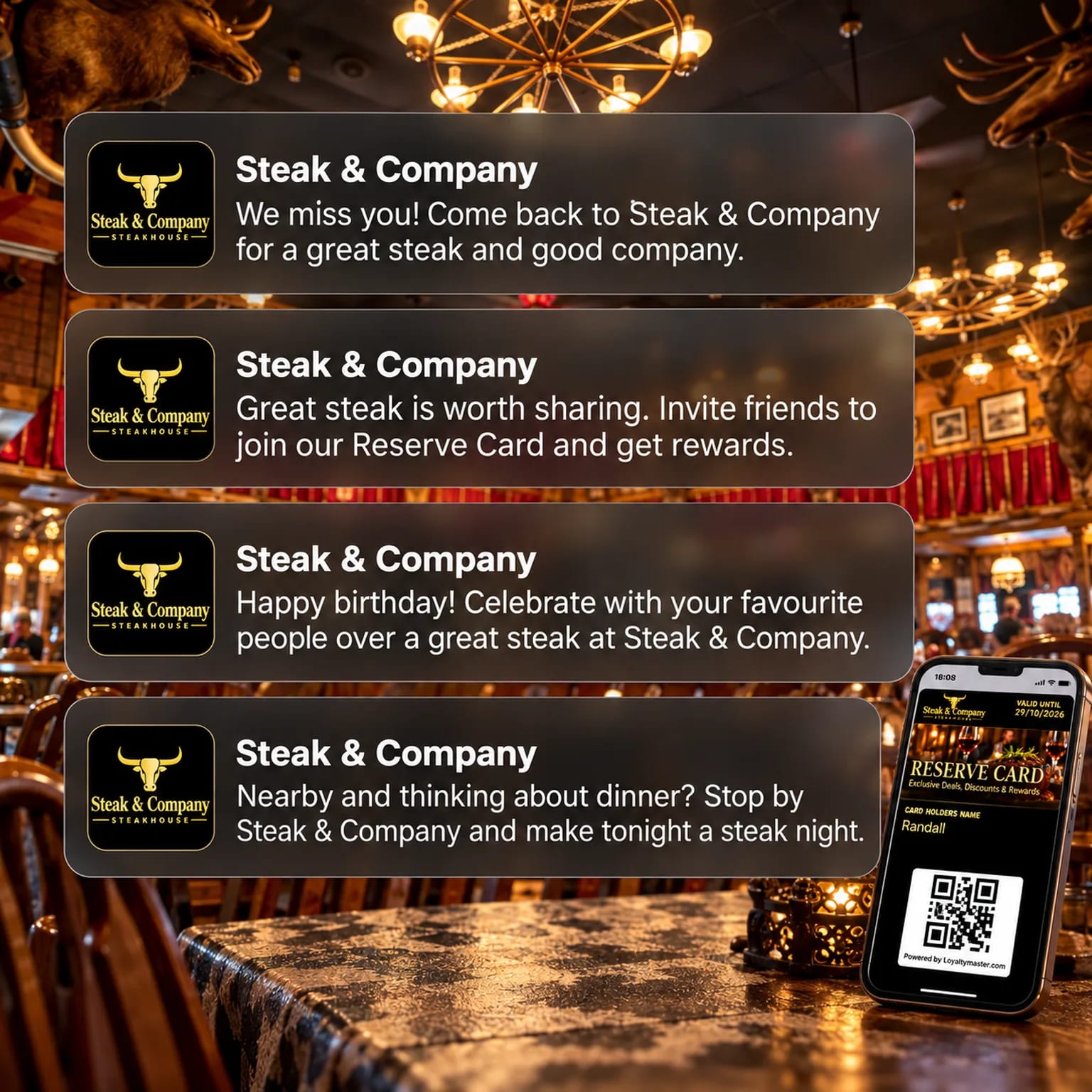 Steak & Company push-message examples for lapsed diners, referrals, birthdays, and nearby guests