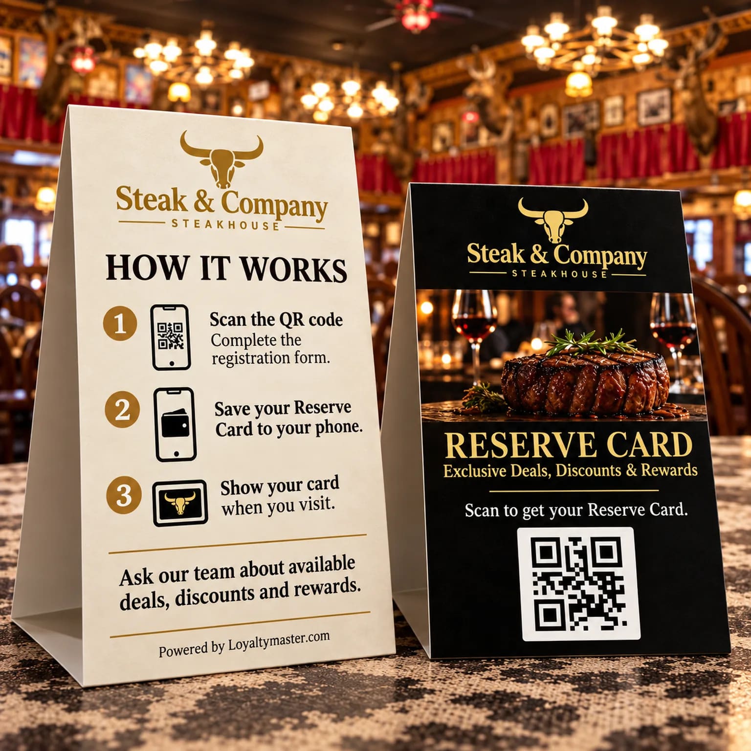 Steak & Company table signs explaining QR signup, saving a Reserve Card to a phone, and showing it on each visit