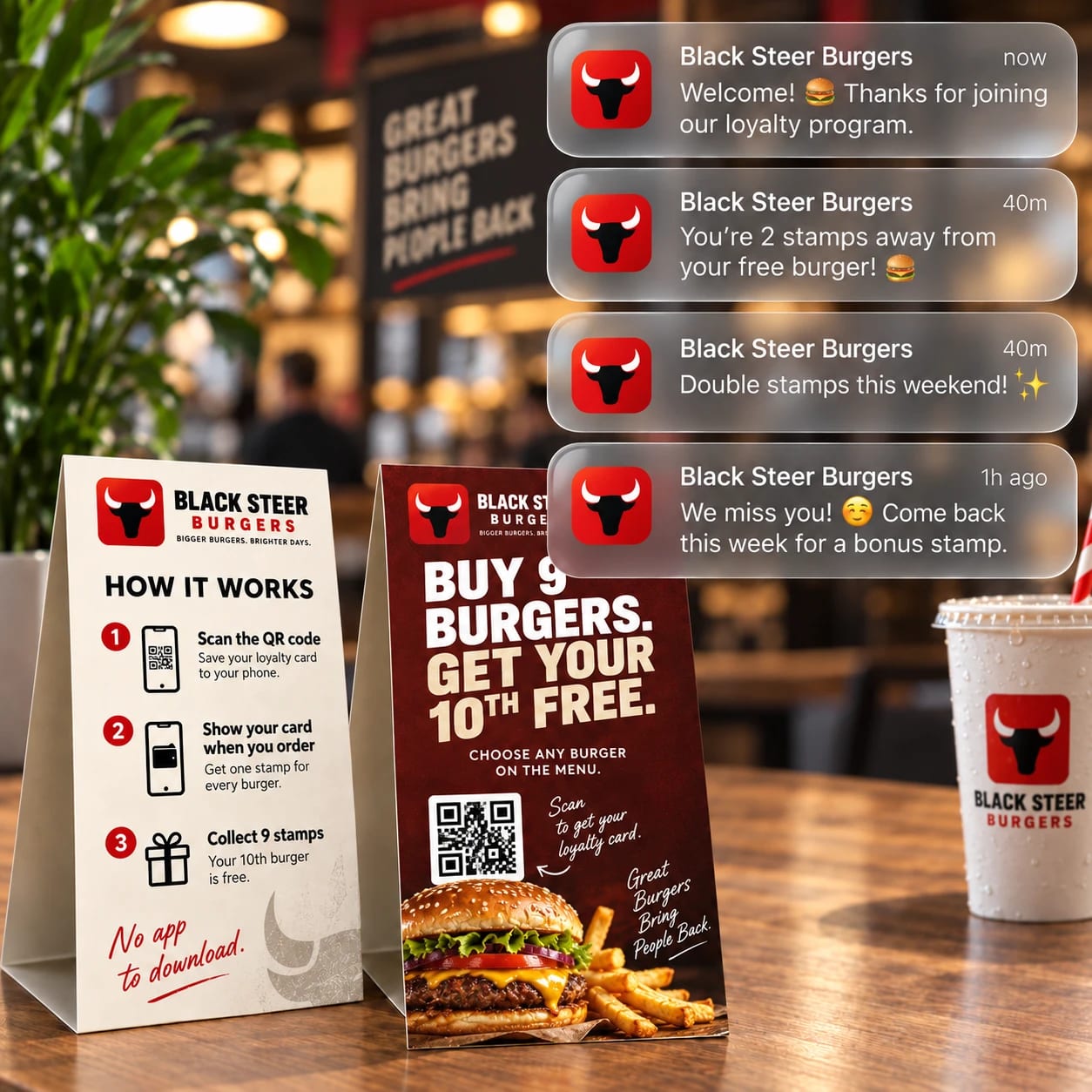 Black Steer Burgers QR-code table signs with loyalty signup instructions and reward push notifications
