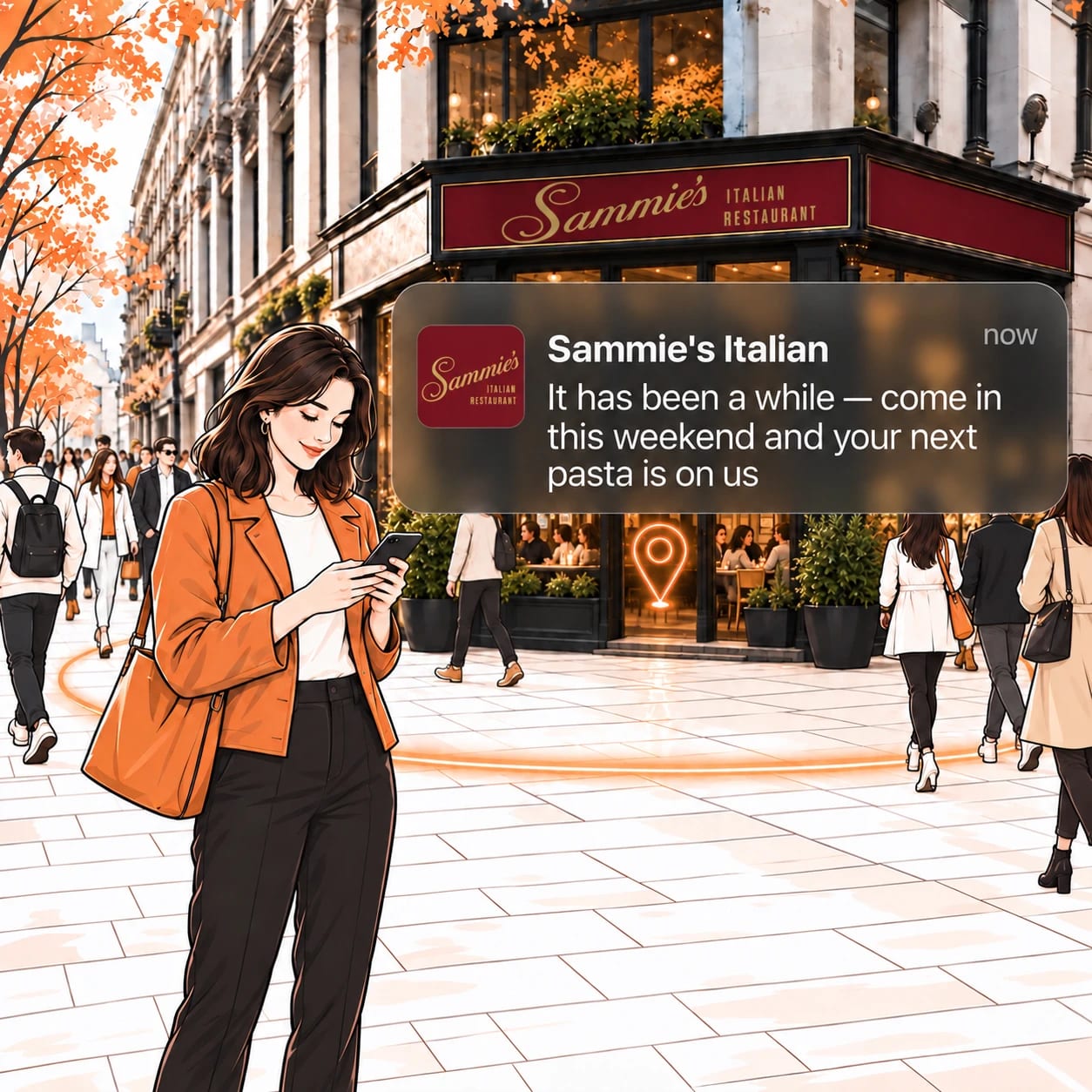 Guest outside Sammie’s Italian restaurant receiving a return-visit pasta offer on her phone