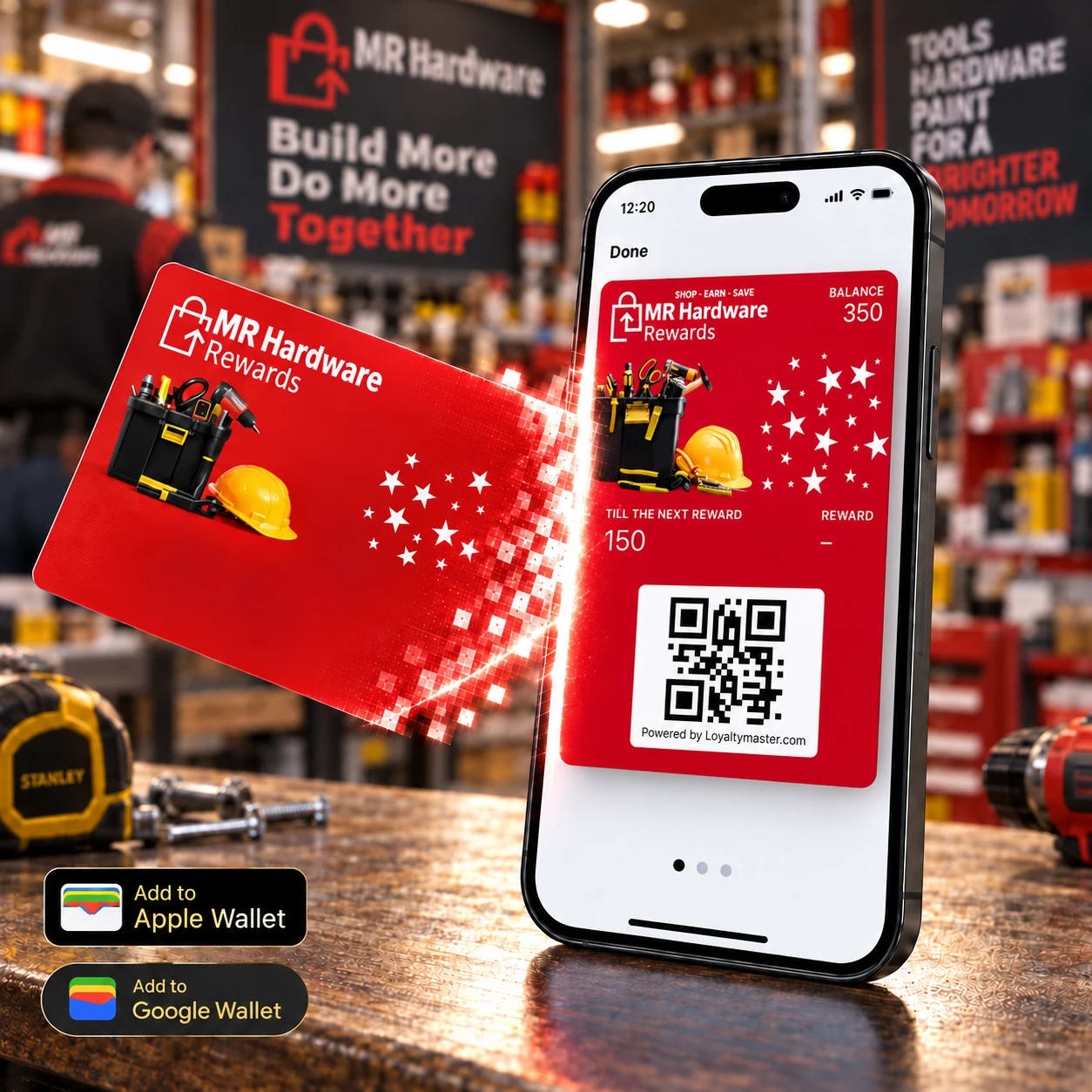 MR Hardware rewards card on a smartphone beside a matching physical card, with Apple Wallet and Google Wallet badges