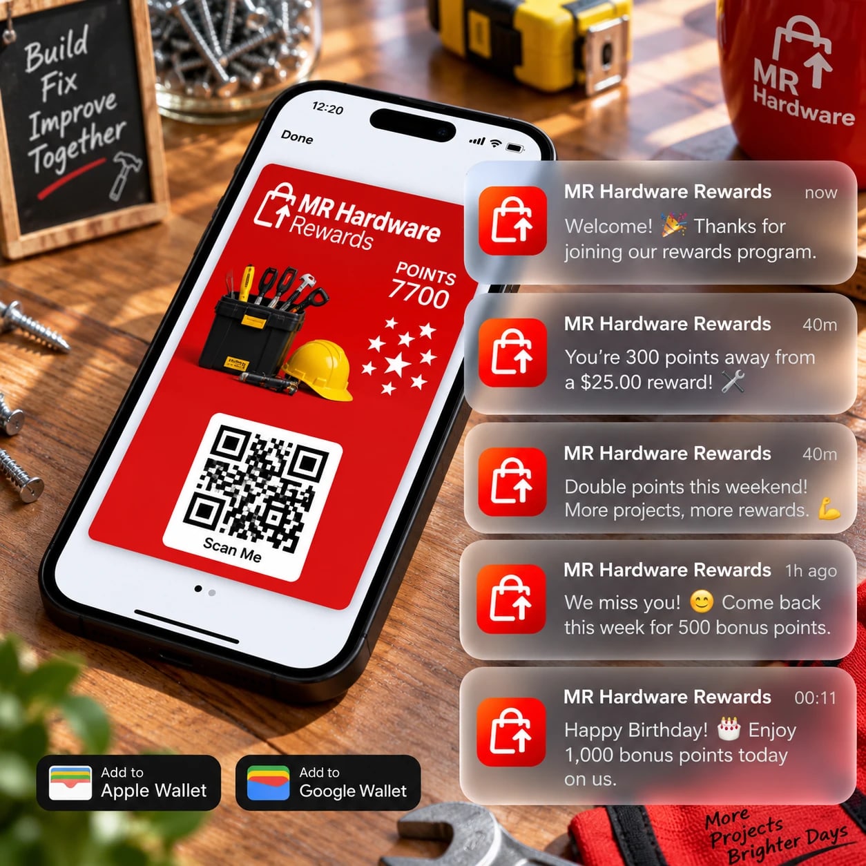 MR Hardware digital rewards card with welcome, reward progress, double-points, win-back, and birthday notifications
