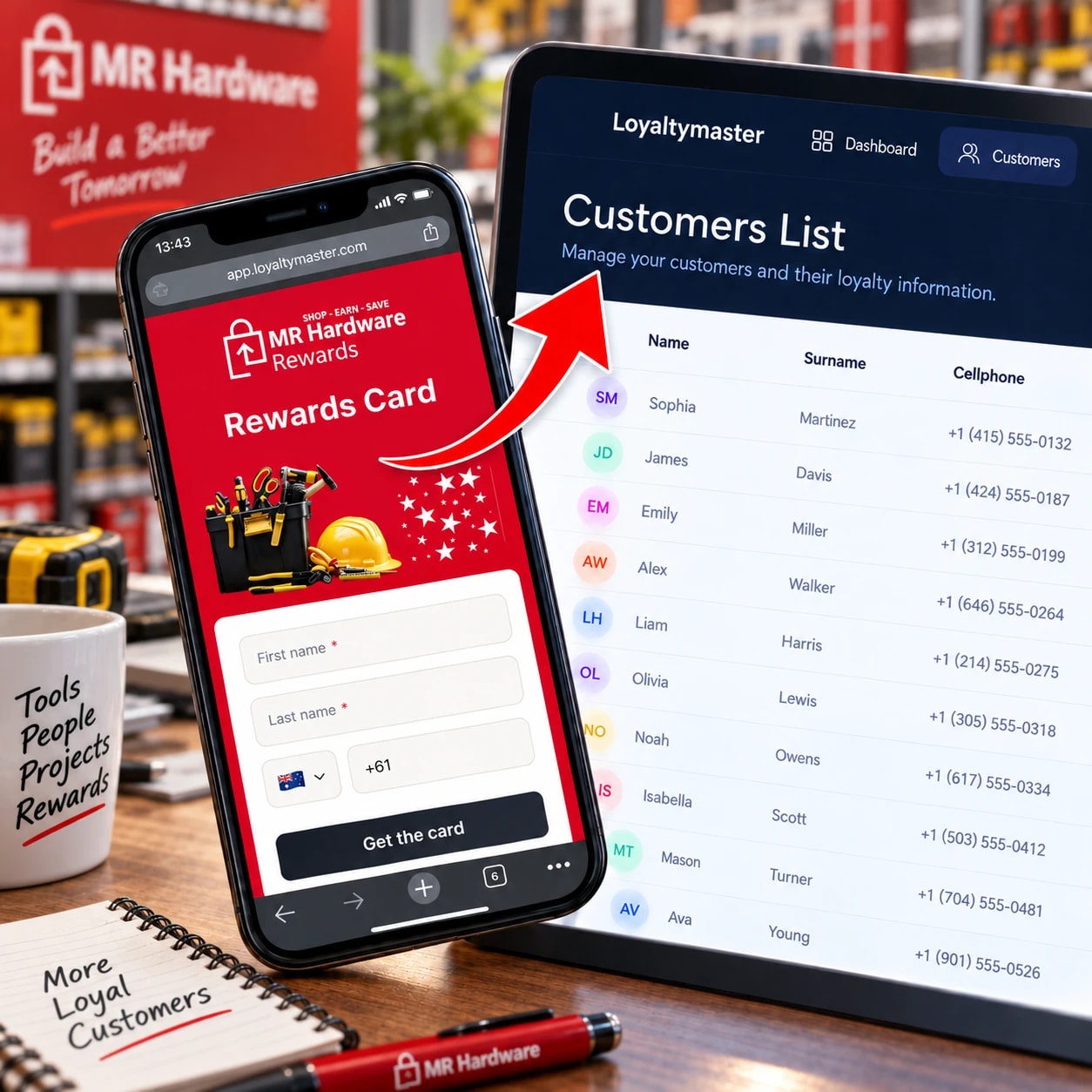 MR Hardware rewards signup form on a smartphone beside a tablet displaying the Loyaltymaster customer list