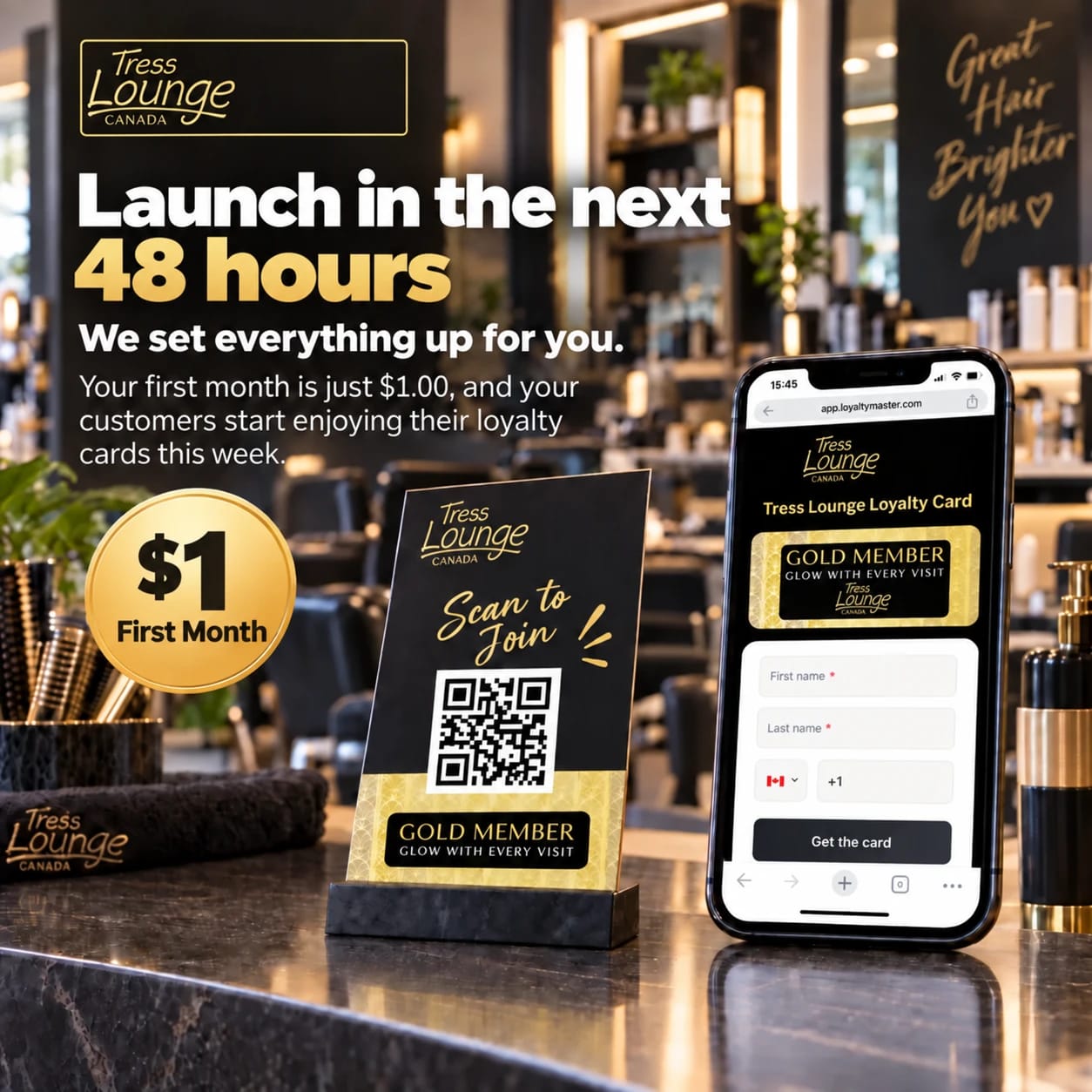 A salon reception counter with a scan-to-join display and a phone showing the branded loyalty card signup screen