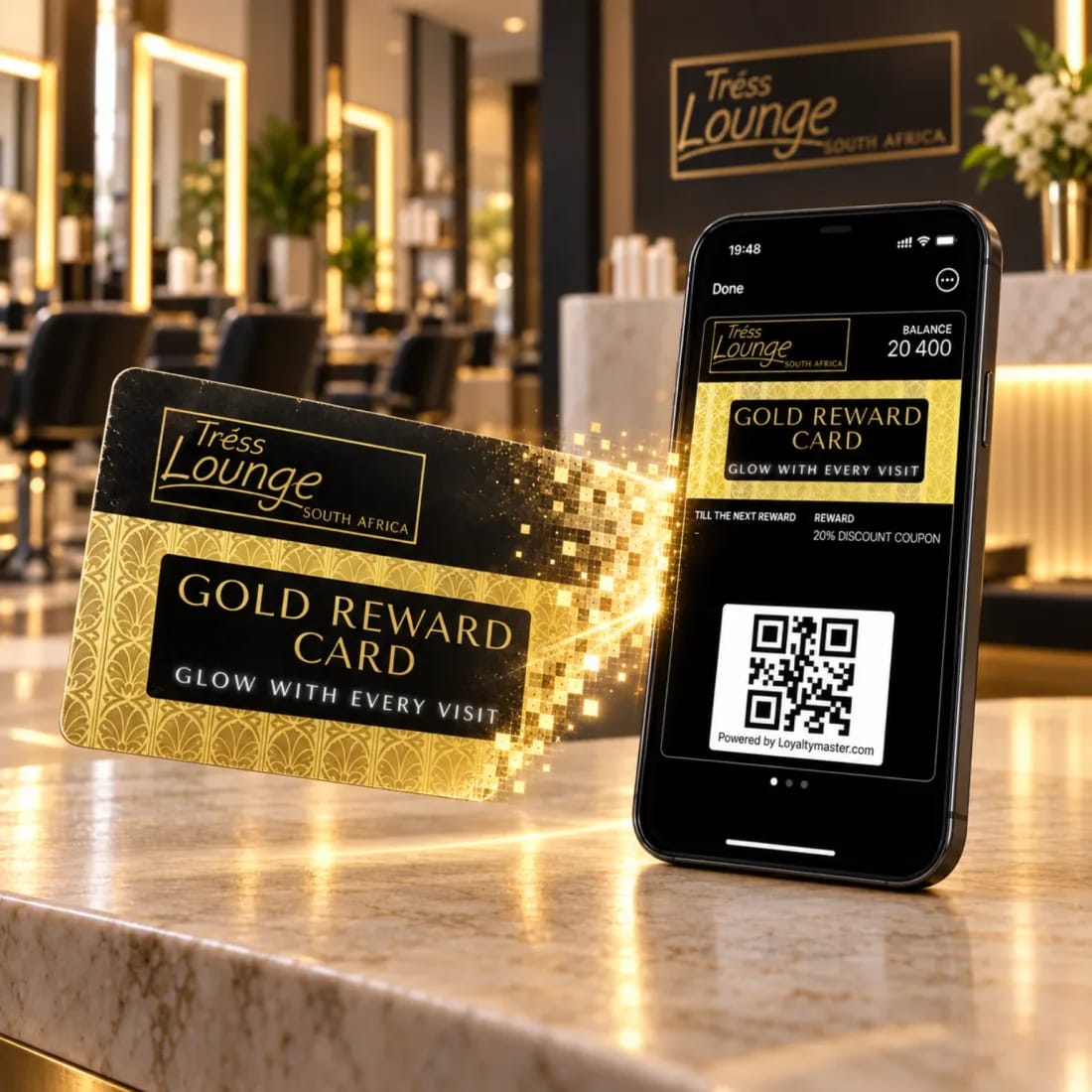 A worn gold salon reward card dissolving into a digital card on a phone, on a salon reception counter