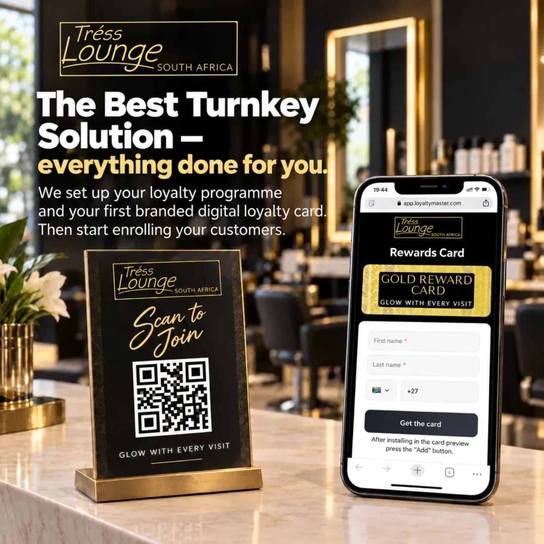 A salon reception counter with a scan-to-join sign and a phone showing the salon's branded signup screen, under the words everything done for you