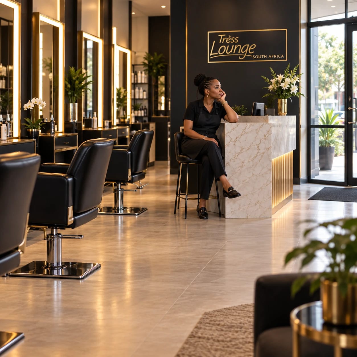 A salon owner sitting alone at the front desk of her empty salon, chin in hand, waiting for clients