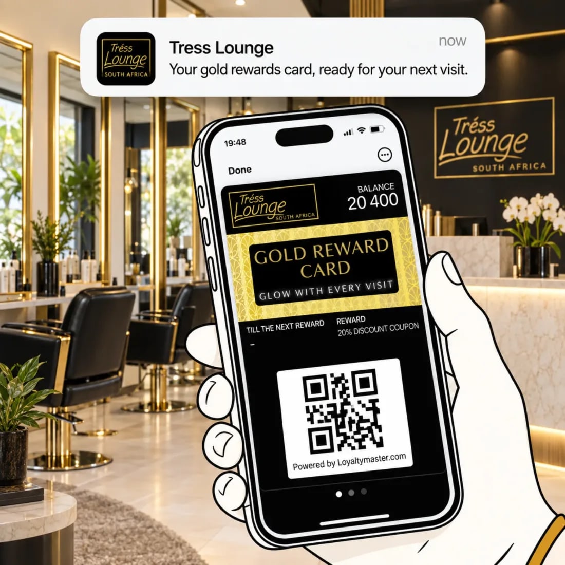 A hand holding a phone showing a salon's gold reward card saved in the wallet, with a notification that the card is ready for the next visit