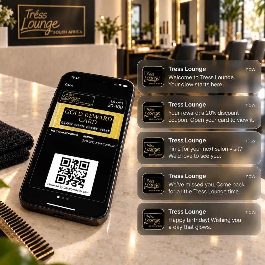A phone showing a salon's digital reward card in the wallet, with push notifications from the salon stacked beside it