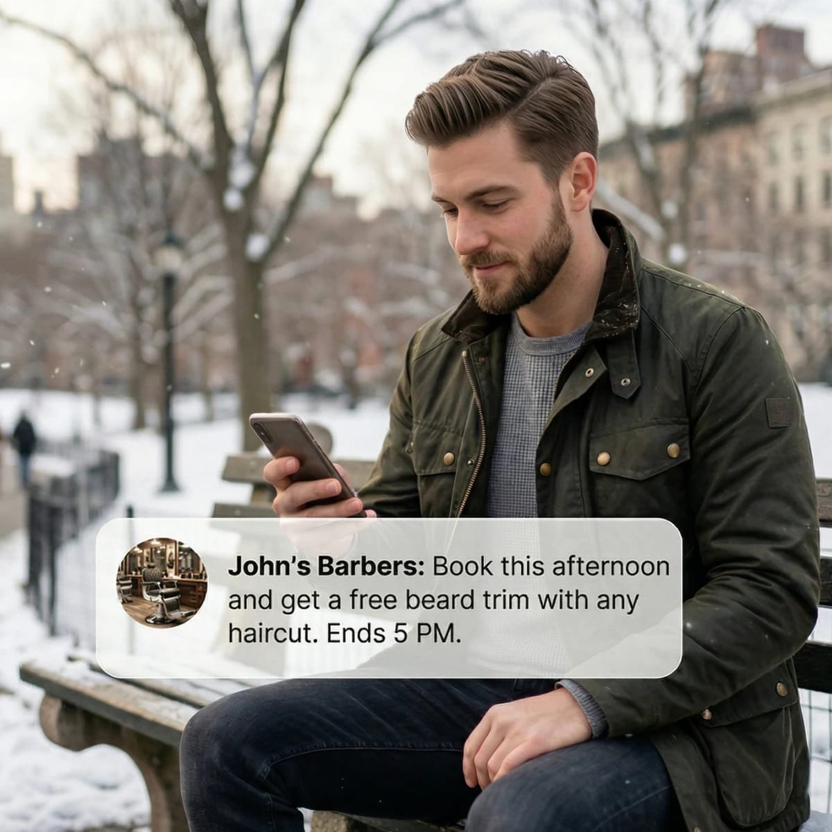 Customer on a park bench reading a barber shop push notification offering a free beard trim