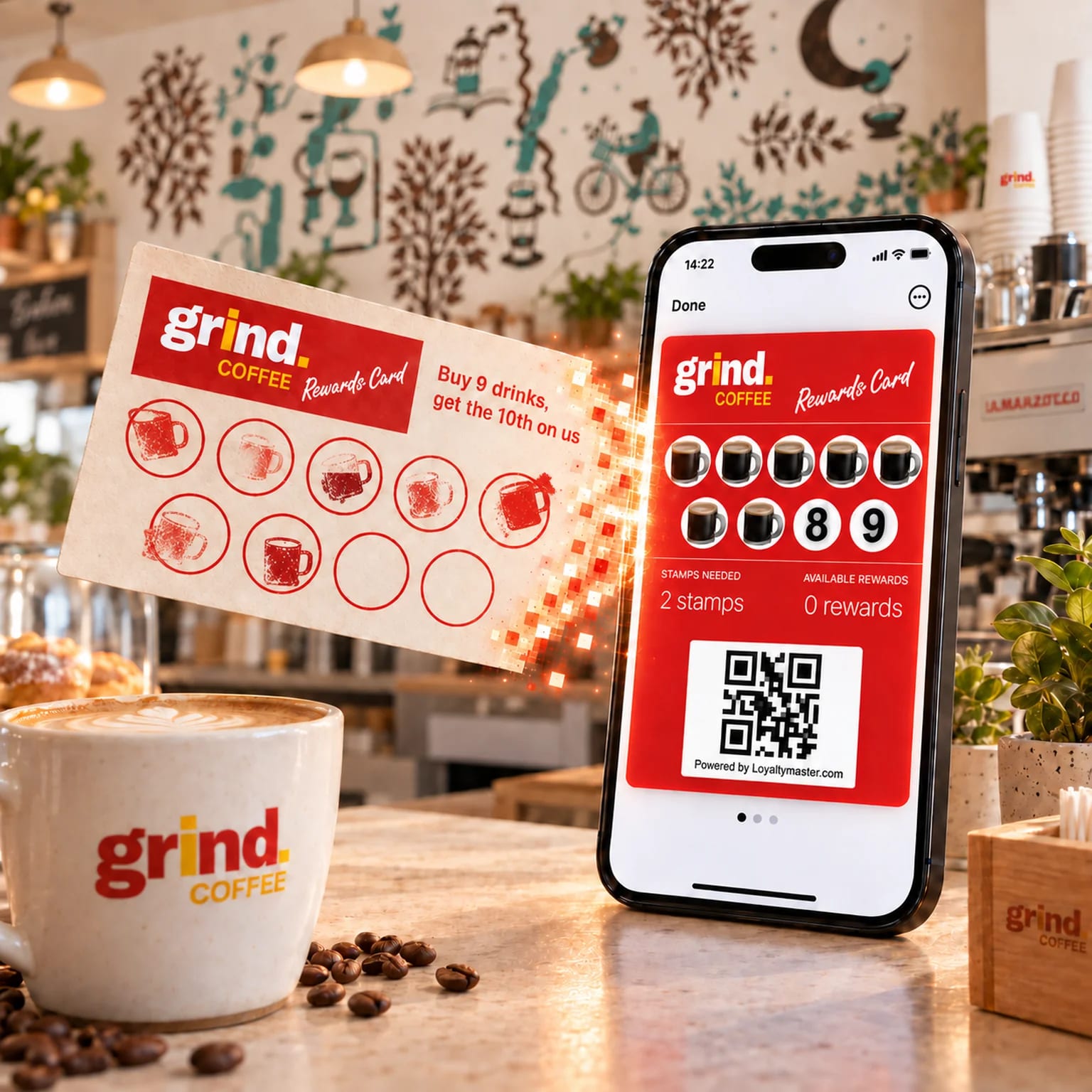 A paper Grind Coffee stamp card transforms into a digital rewards card on a phone beside a cup of coffee