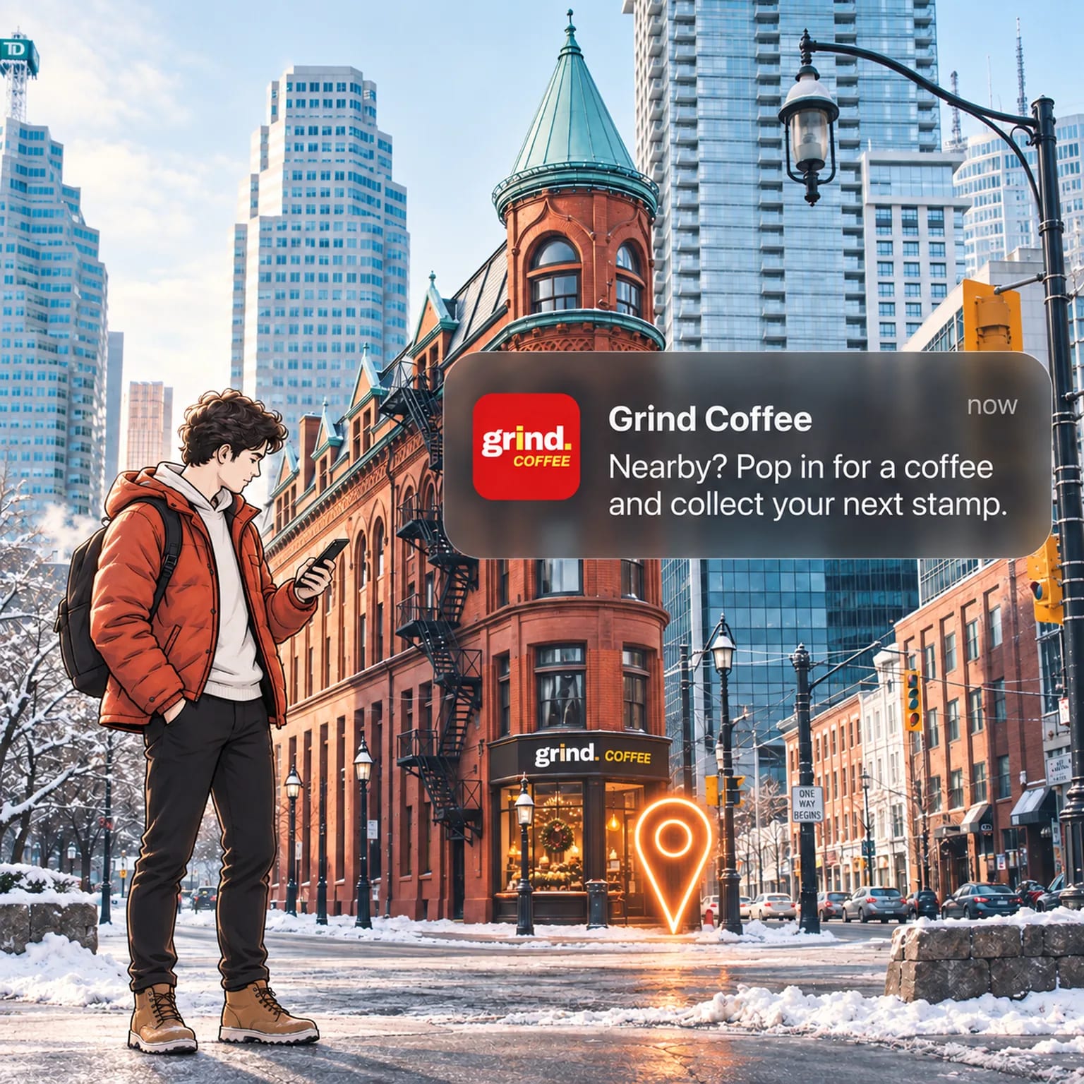 A customer on a snowy city street receives a nearby Grind Coffee reminder to visit and collect the next stamp