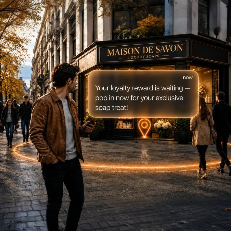 A passer-by outside a luxury soap shop reading a geo-triggered loyalty reward notification on his phone