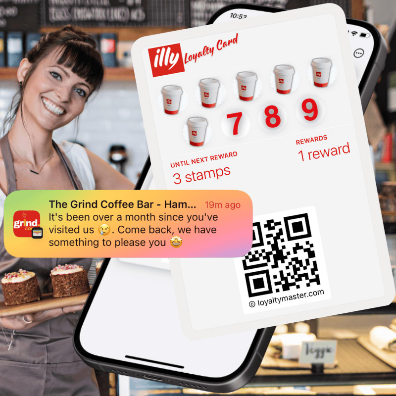 Barista scanning a customer's phone showing her stamp card one stamp away from a reward