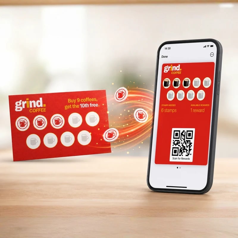 A paper coffee stamp card dissolving into stamps that fly onto a digital grind. COFFEE card in a phone wallet